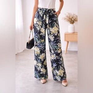 Zara Women’s Tropical Floral Wide Leg Beach Pants Tie Waist XS